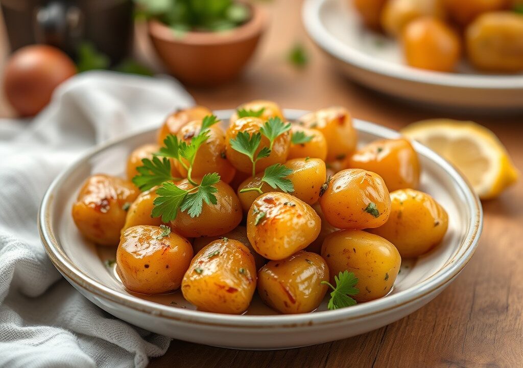Deense karamel aardappelen (brunede kartofler), AI-gegenereerde illustratie