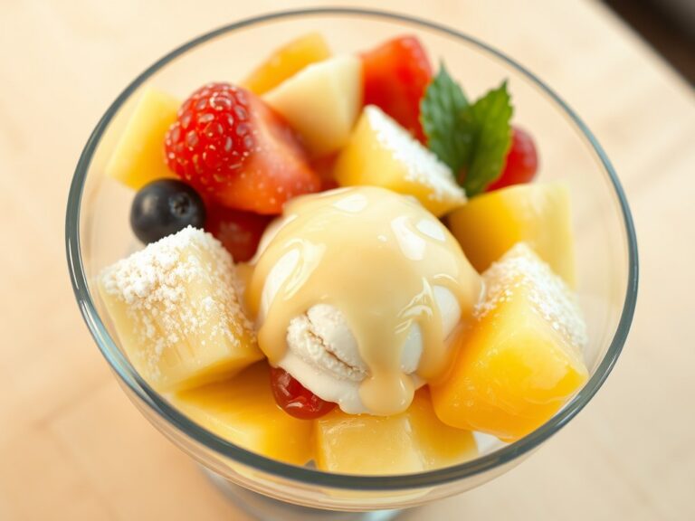 Dessert van gemengd fruit en vanilleroomijs