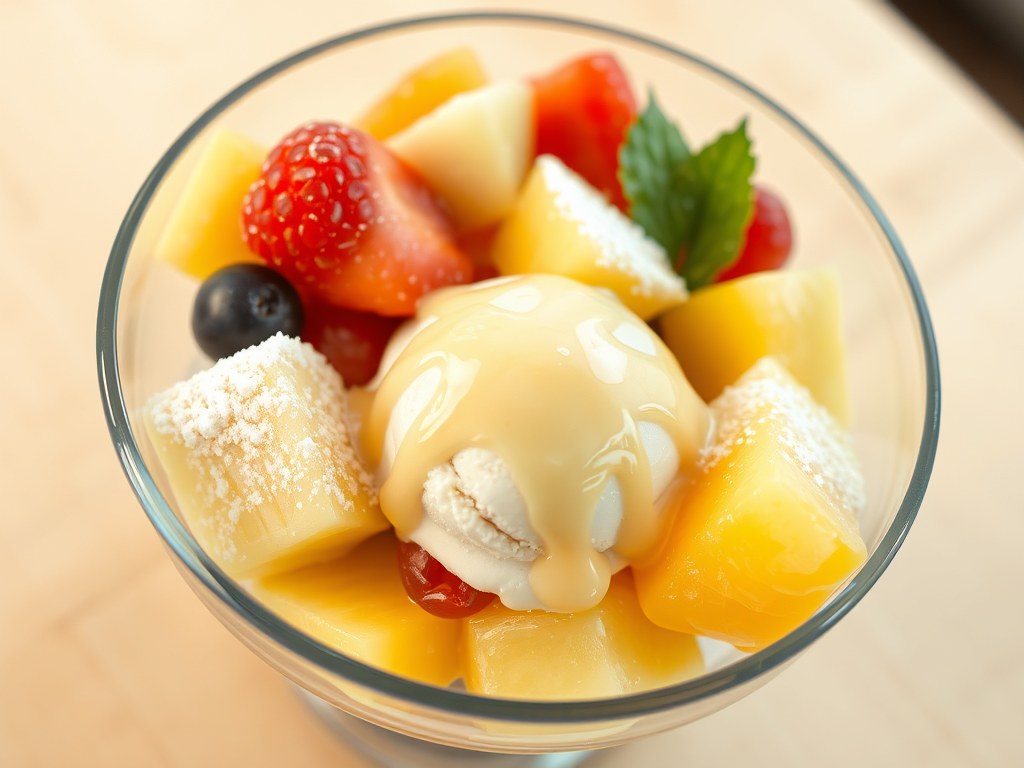Dessert van gemengd fruit en vanilleroomijs, AI-gegenereerde illustratie