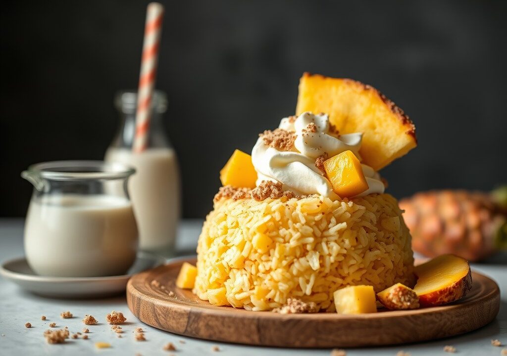 Dessert van rijst met ananas, AI-gegenereerde illustratie