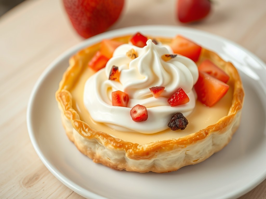 Dessertvla op een bedje van bladerdeeg, AI-gegenereerde illustratie