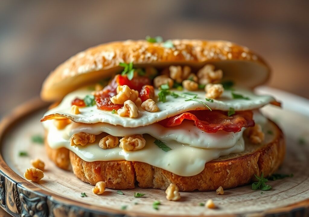 Dikke tosti met gesmolten brie en uitgebakken spek, AI-gegenereerde illustratie