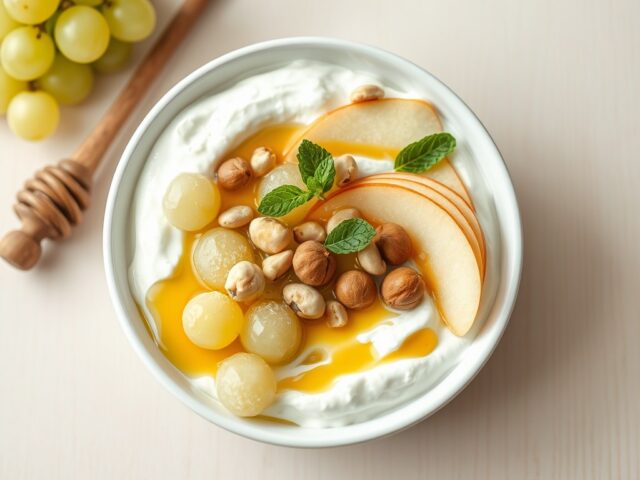 Dikke yoghurt met druiven, appel, honing, noten en