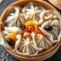 Dim sum van gerookte rivierpaling met sinaasappel