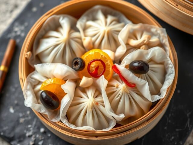 Dim sum van gerookte rivierpaling met sinaasappel