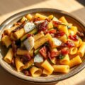 Ditali met pancetta en courgettebloemen