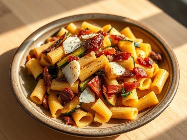 Ditali met pancetta en courgettebloemen