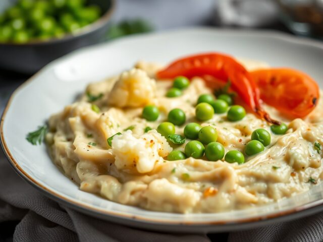 Doperwten- en bloemkoolpuree met zonnevisfilets — AI-gegenereerde illustratie