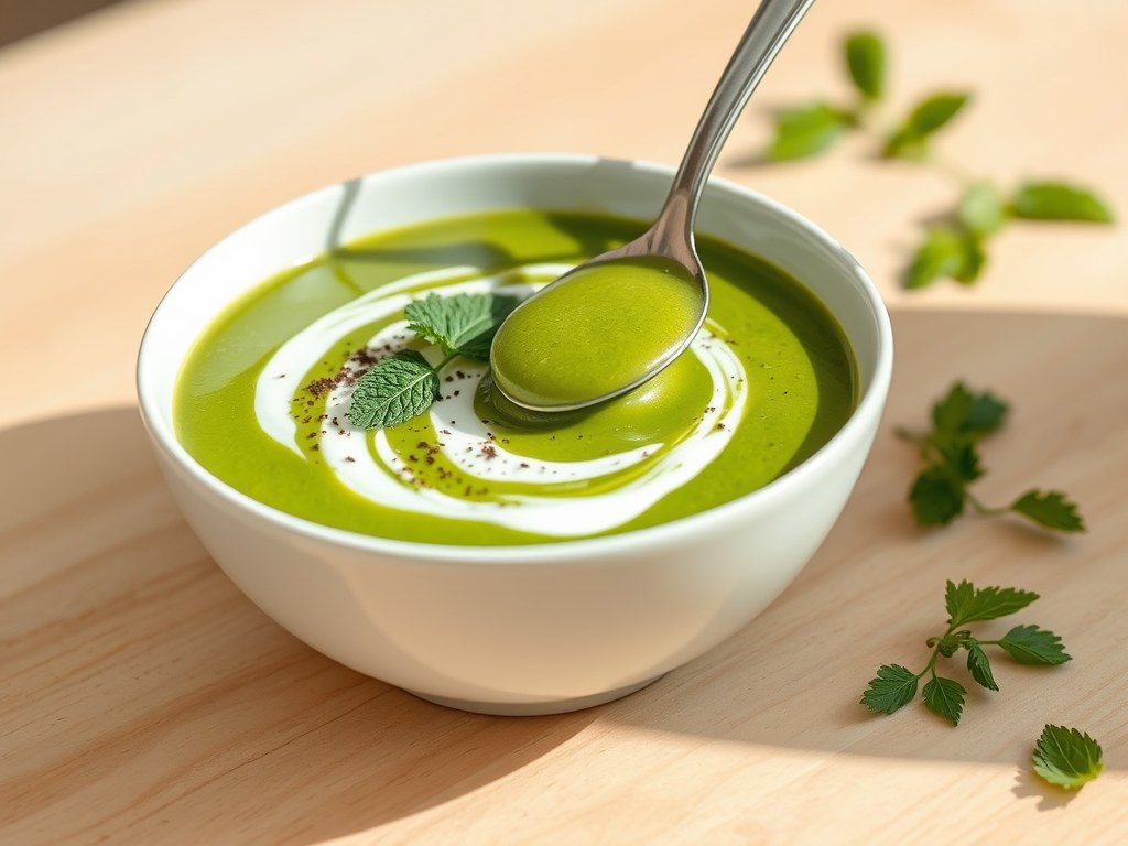 Doperwtensoep met knoflook, AI-gegenereerde illustratie