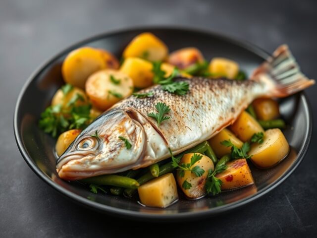 Dorade met peultjes en peterselie-aardappelen — AI-gegenereerde illustratie