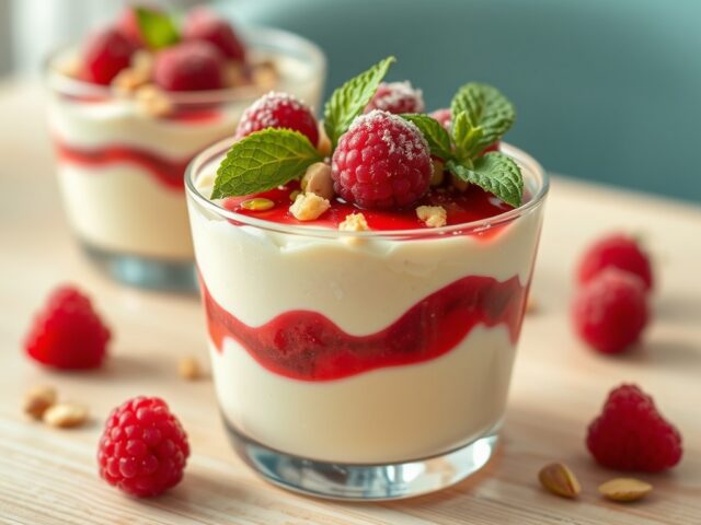 Driekleurenmascarpone met frambozencoulis