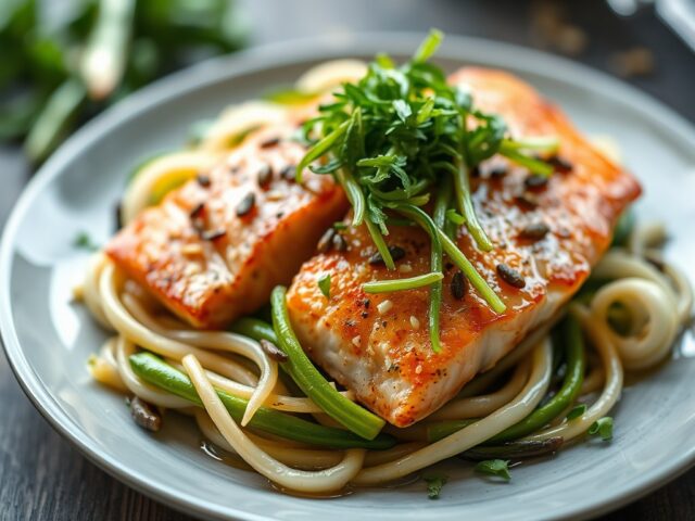 Drooggebakken zalm met prei, taugé en courgette