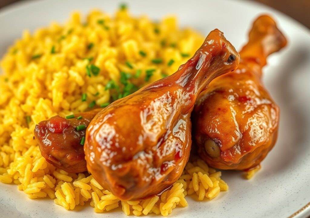 Drumsticks met bleekselderij en gele rijst, AI-gegenereerde illustratie