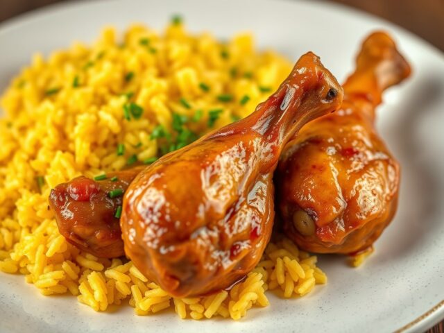 Drumsticks met bleekselderij en gele rijst