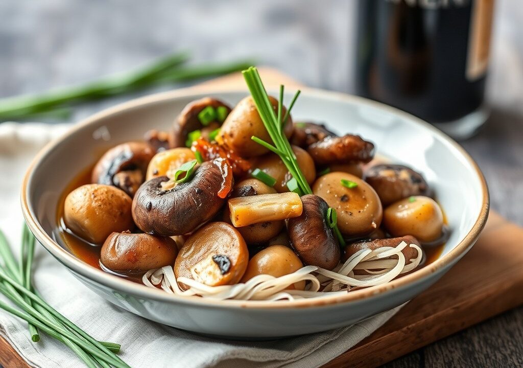Dubbel getrokken bouillon met diverse paddestoelen, AI-gegenereerde illustratie