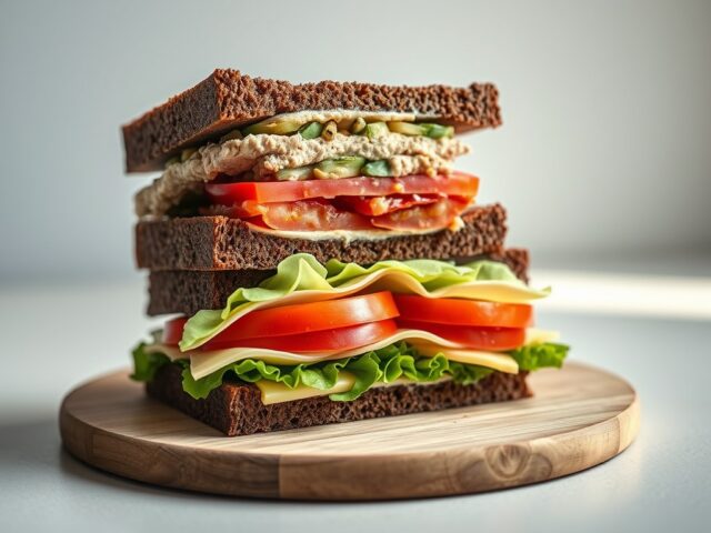 Dubbele sandwiches met Tonijnpaté, kleine artisjokken en kerstomaten