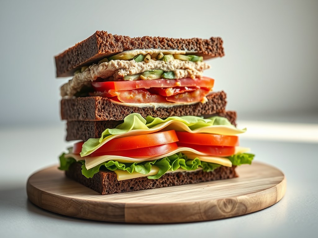 Dubbele sandwiches met Tonijnpaté, kleine artisjokken en kerstomaten, AI-gegenereerde illustratie