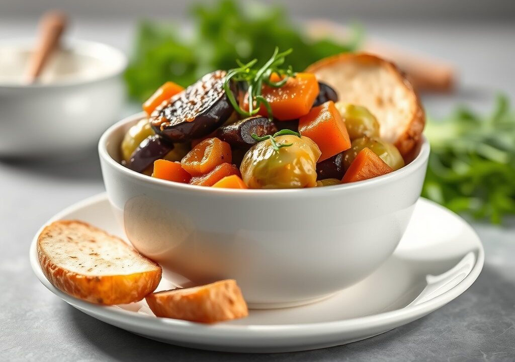 Duif met Dadels, Aubergine en Mandarijn (Tajine) — AI-gegenereerde illustratie