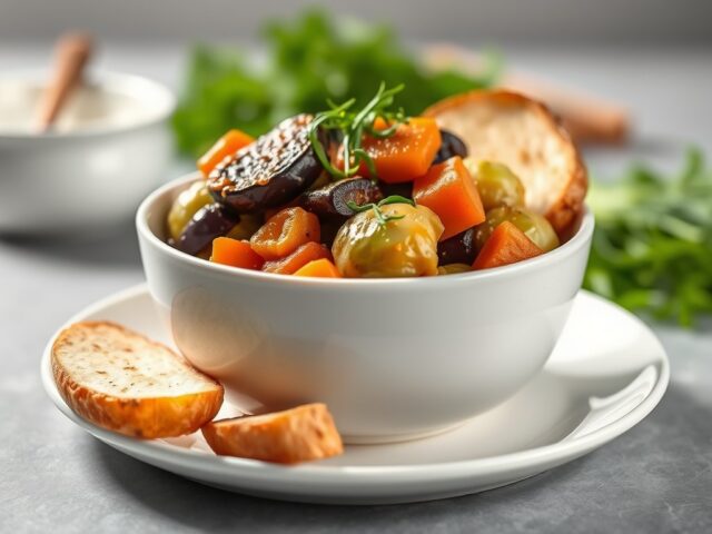 Duif met Dadels, Aubergine en Mandarijn (Tajine) — AI-gegenereerde illustratie
