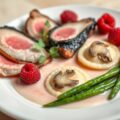 Duif met frambozen en ravioli