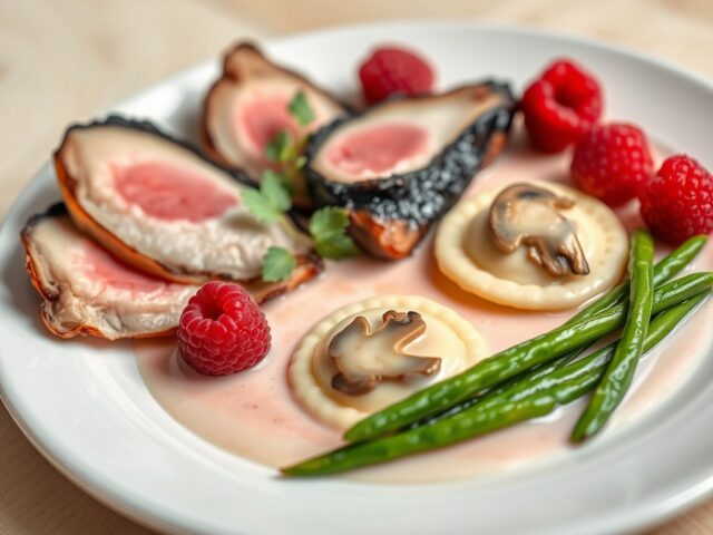 Duif met frambozen en ravioli