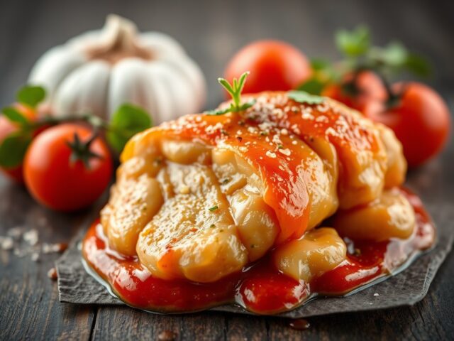 Duif uit de oven op linzen en tomaat
