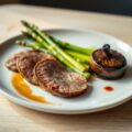 Duivenborst met asperges en gekonfijte champignon