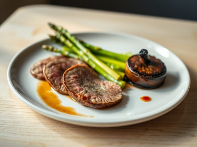 Duivenborst met asperges en gekonfijte champignon