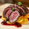 Duivenfilet op aardappelplakjes