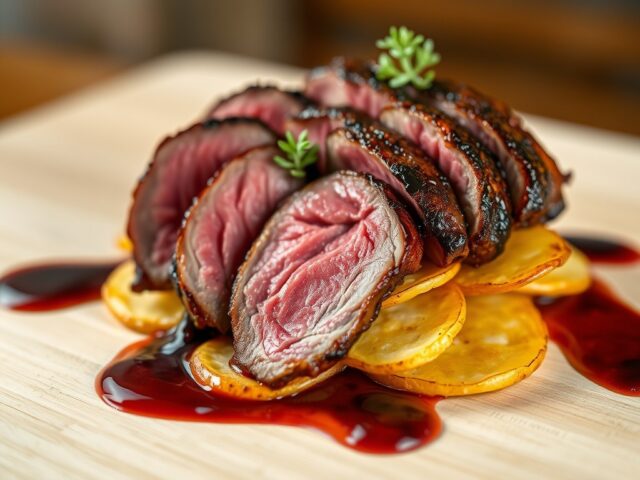 Duivenfilet op aardappelplakjes