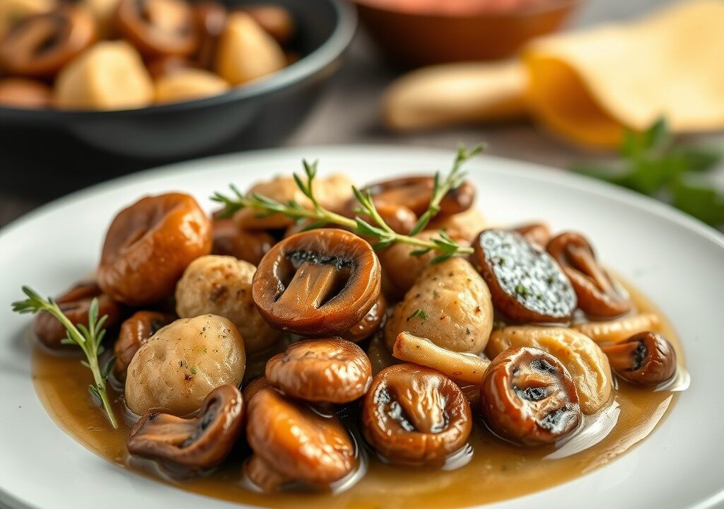 Eendenborst met paddestoelen en kaneelappeltjes, AI-gegenereerde illustratie