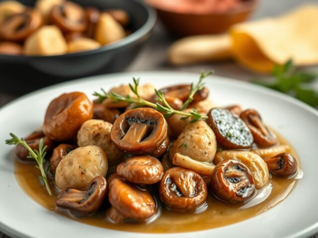 Eendenborst met paddestoelen en kaneelappeltjes