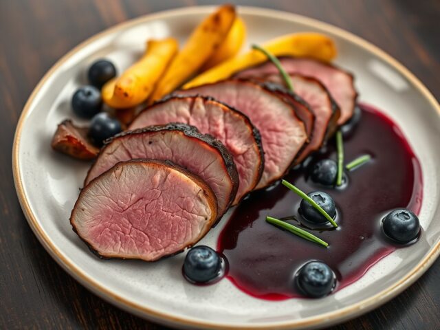 Eendenborstfilet met pastinaak en blauwe bessensau