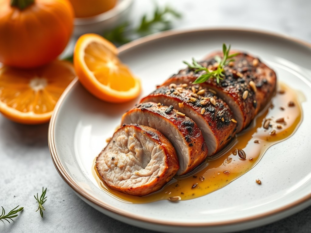 Eendenborstfilet met sinaasappel ( zie opm )., AI-gegenereerde illustratie
