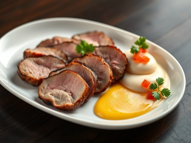 Eendenborstfilet met vruchtencoulis en mousse van