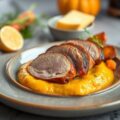 Eendenfilet op pompoenpuree met peperkoek krokantje
