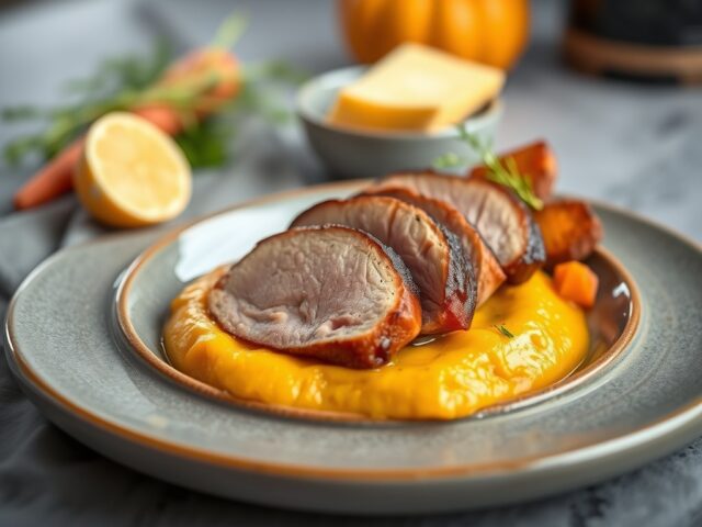 Eendenfilet op pompoenpuree met peperkoek krokantje