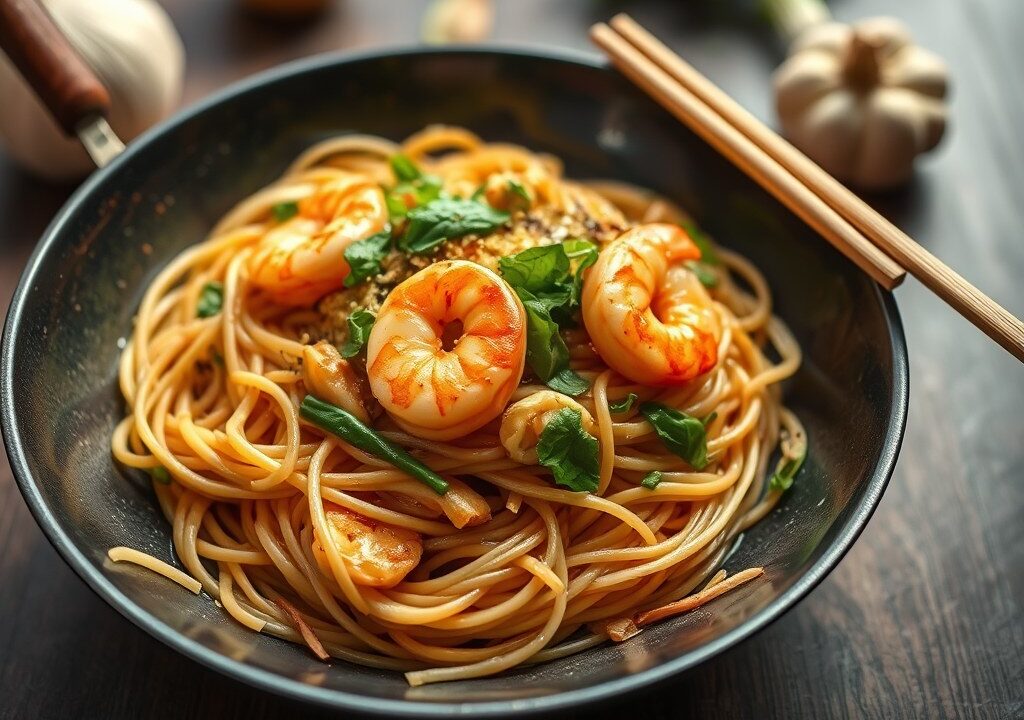 Eenvoudige bami met Chinese knoflook, AI-gegenereerde illustratie