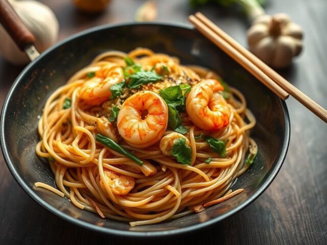 Eenvoudige bami met Chinese knoflook — AI-gegenereerde illustratie