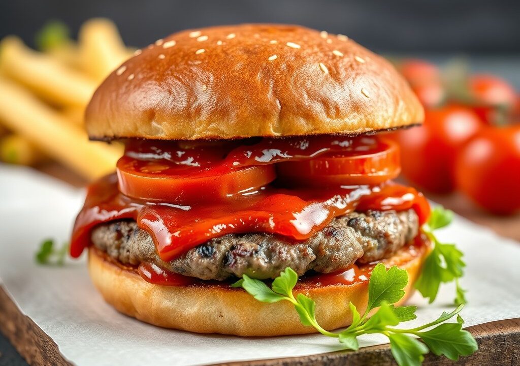 Eiburger met tomatenrelish, AI-gegenereerde illustratie