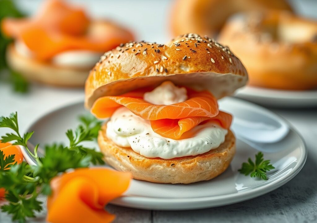 Eierdopbagel met zalm en roomkaas — AI-gegenereerde illustratie