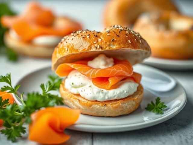 Eierdopbagel met zalm en roomkaas — AI-gegenereerde illustratie