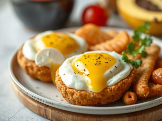 eieren koeken met pudding en friut