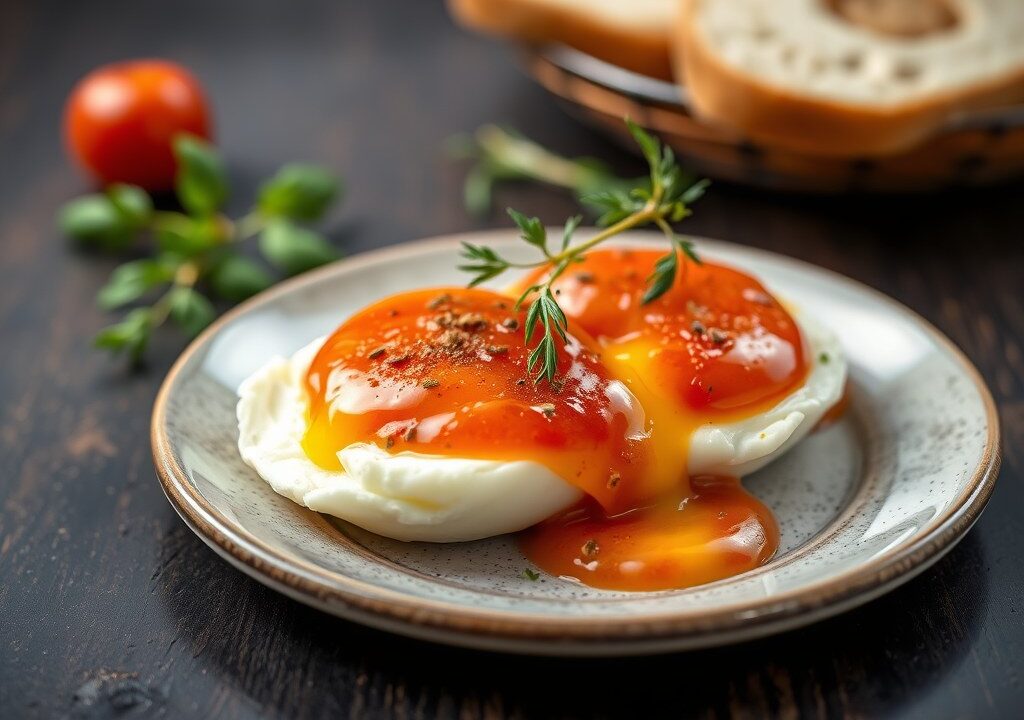 Eieren met tomatensausje, AI-gegenereerde illustratie