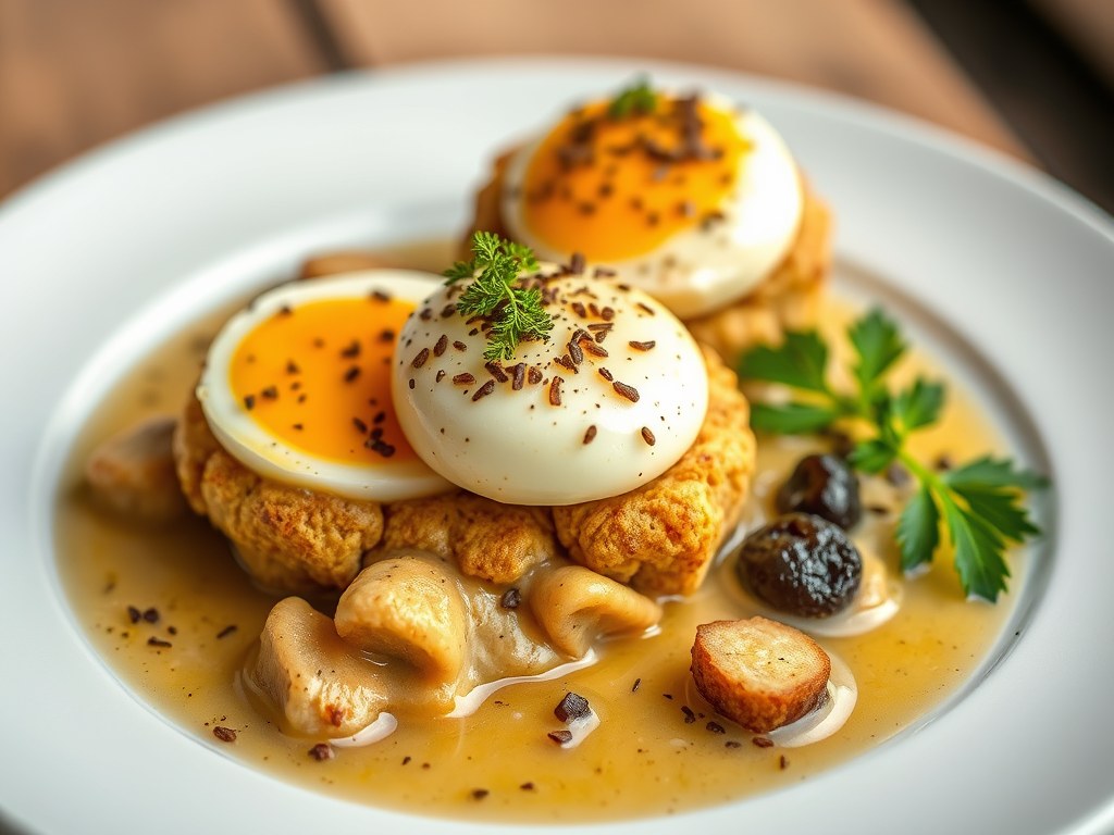 Eierflensjes met tapenade in bouillon, AI-gegenereerde illustratie