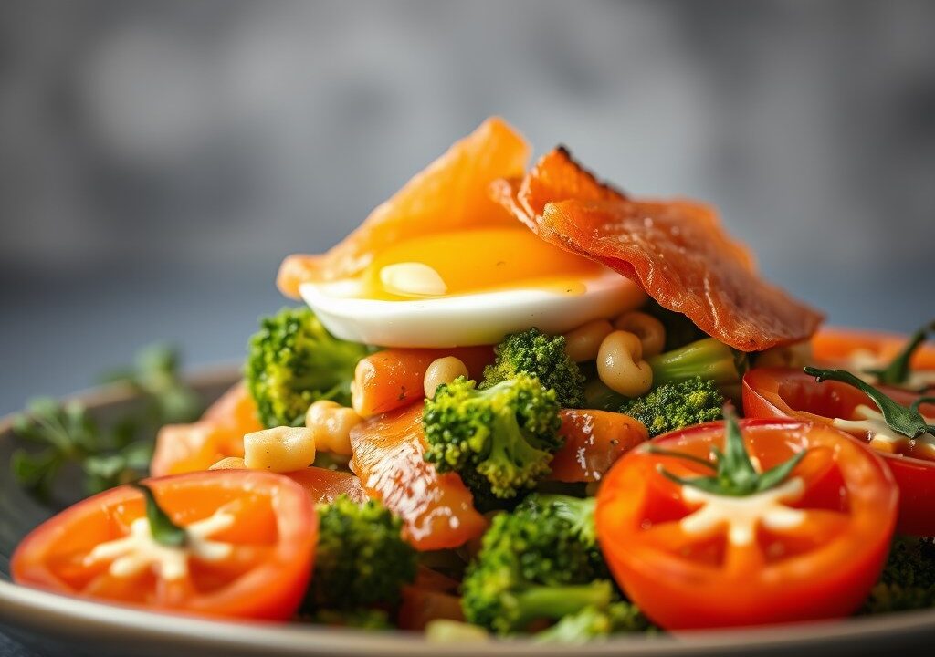 Eiersalade met broccoli en gerookte zalm, AI-gegenereerde illustratie