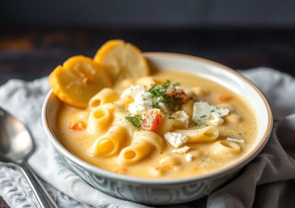 Eiersoep met pasta, AI-gegenereerde illustratie