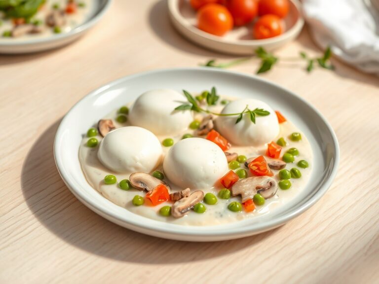 Eiwitschuimpjes met champignons en erwtjes