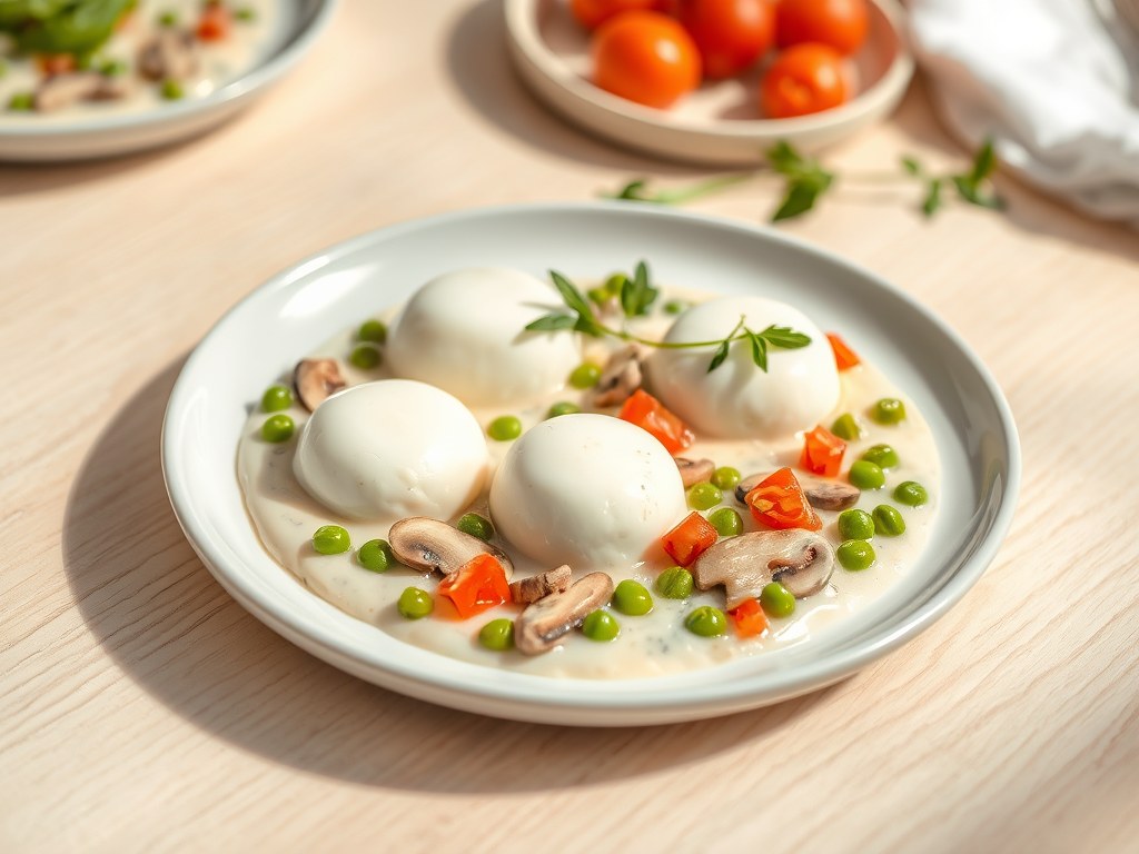 Eiwitschuimpjes met champignons en erwtjes, AI-gegenereerde illustratie