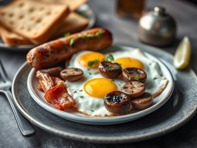Engels grill-ontbijt met worst, bacon ei